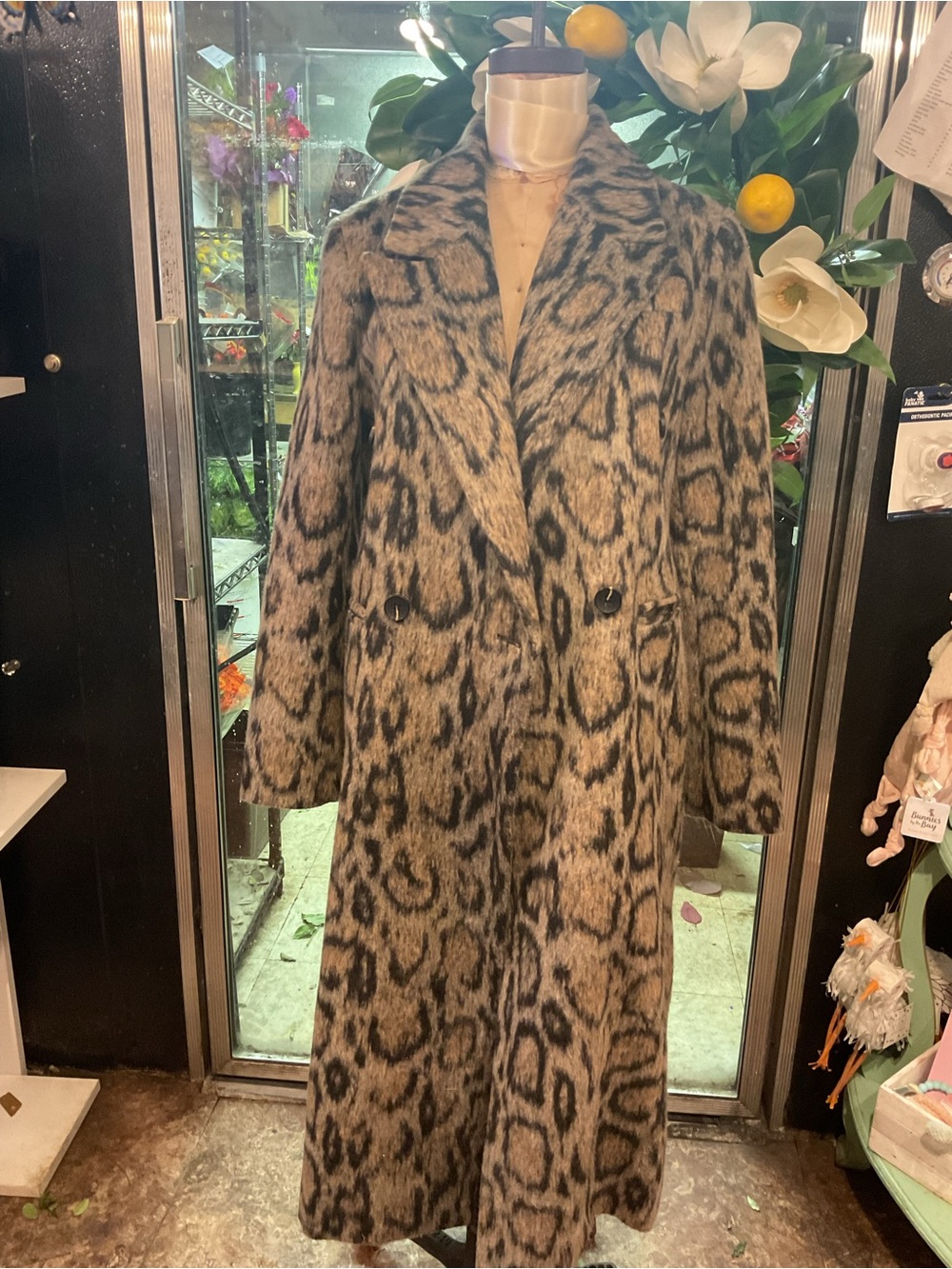Avec Les Filles Taupe and Black Leopard-Print Faux Fur Long Coat
